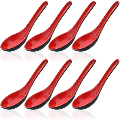 8er-Set asiatische Suppenlöffel, Kunststoff, rot/schwarz, 16 cm