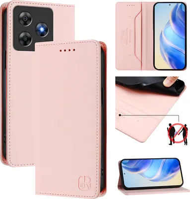 Collage of images showing a pink flip wallet phone case for a Blackview phone, with close-ups of the phone inside and its features.