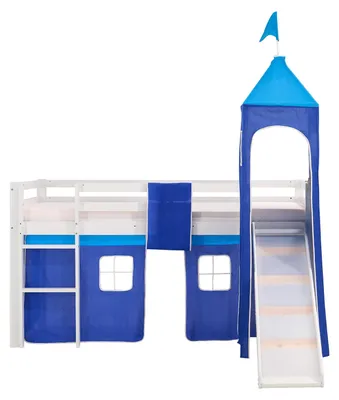 Produktbild von Homestyle4u Hochbett 90x200 mit Rausfallschutz mit Rutsche Leiter Tunnel Turm Weiß Blau 90x200
