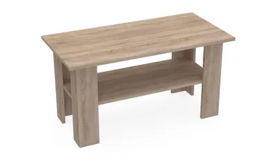 A modern coffee table with a shelf, made of wood-look material, shown from a slightly elevated diagonal angle against a white background.