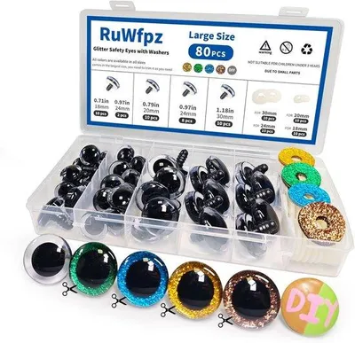 Produktbild von Glitzernde Sicherheitsaugen für Amigurumi, ideal für Häkelspielzeug, 18-30 mm - 80 Stück farbige Kunststoff-Sicherheitsaugen mit Ringbefestigung - Perfekt für Kuscheltiere