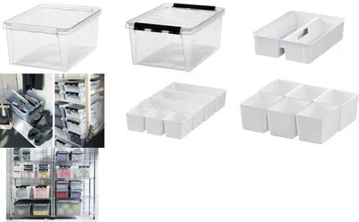 A collage of various storage solutions, including clear plastic boxes and white organizers.