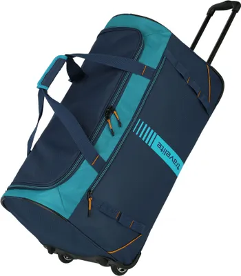 A navy blue and teal rolling duffel bag is shown against a white background.