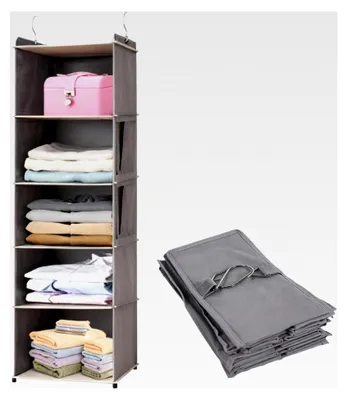 Produktbild von Hängeregal für Kleiderschrank mit 2 Metallhaken und 5 Taschen, faltbare Hängeaufbewahrung, 5-stöckiger Platzsparender Hängeorganizer, hängender Schrankorganizer für das Schlafzimmer (Grau)
