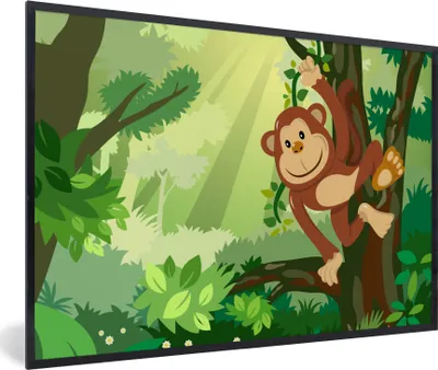 Produktbild von MuchoWow® Gerahmtes Poster Affe - Dschungel - Jungen - Mädchen - Blumen - Kinder 60x40 cm - Poster mit Schwarzem Bilderrahmen Wandposter Rahmen Foto Bilder - Printing - Wanddeko Schlafzimmer