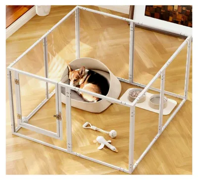 Produktbild von Acryl-Hundelaufstall für Welpen und kleine Hunde mit Tür, H: 60 cm, Metallrahmen, 8 Paneele, stabil und glatt, einfache Montage, weiß