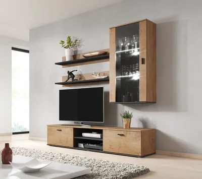 Produktbild von Furniture24 Wohnwand SOHO 5 mit Weißer LED Beleuchtung, Anbauwand, Wohnzimmerschrank, Schrankwand, Vitrine, Lowboard, Hängeregal Lefkas Eiche/Schwarz