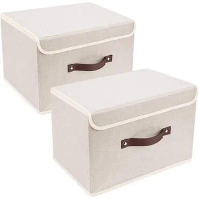 Productafbeelding van Opvouwbare opbergbox met deksel, van stof, wasbaar, 38x25x25 cm, 2 stuks, beige