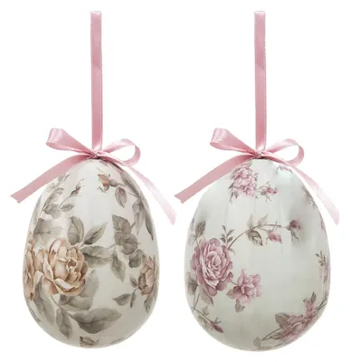 Imagen del producto de Clayre & Eef. Set de 2 colgadores de Pascua con forma de huevo, diámetro 9x12 cm, de varios colores, de plástico, con motivos florales, Imagen generada por IA