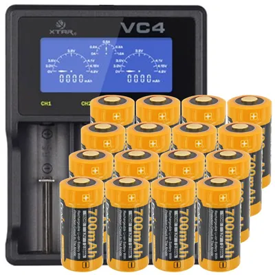 Zdjęcie produktu dla Baterie CR123 A Li-Ion 3,7 V, 760 mAh, 16 sztuk wraz z szybką ładowarką, pojemnik na baterie