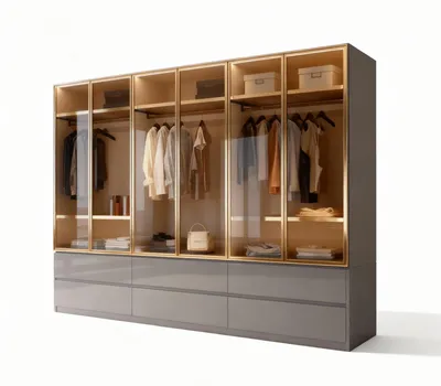 Produktbild von Kleiderschrank Luxemburg 6-Türig Glastüren mit goldfarbenen Glasrahmen (Spar-Set) Breite: 300 cm, Tiefe: 62 cm, Höhe: 218 cm, inkl. Zubehör