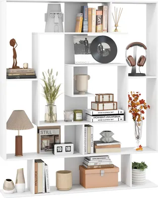 Image de COSTWAY Bibliothèque à 7 niveaux, étagère géométrique sur pied avec 2 kits anti-basculement Organisateur de rangement autonome, étagère d'exposition ouverte Blanc