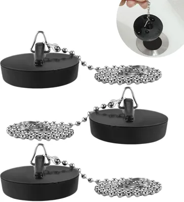 Produktbild von 3 Gummi-Stöpsel für Spülbecken mit Haken, Ø 40-45 mm, schwarz, mit 40 cm Kette