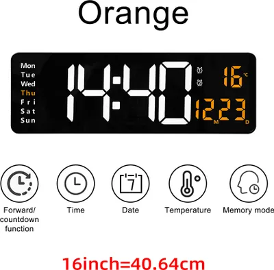 Obrázok produktu pre Veľké digitálne nástenné hodiny LED, diaľkové ovládanie, teplota, dátum, týždenný displej, pamäťová tabuľka, montáž na stenu, dva elektronické budíky, 16 INCH, oranžová farba