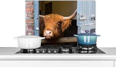 Produktbild von KitchenYeah®  Spritzschutz Küche - Küchenrückwand - Wandschutz für Herd und Spüle - Schottisches Hochlandrind - Bauernhaus - Scheune 60x40 - Alu-Dibond (Alternative zum Spritzschutz aus Glas) - Hitzeb