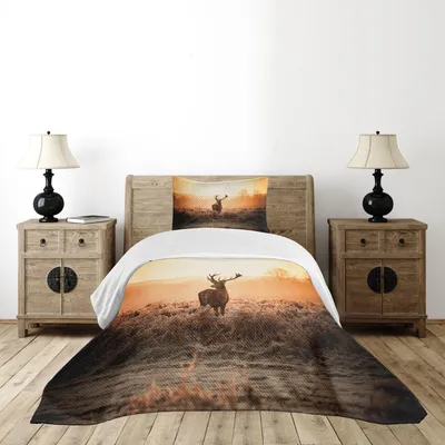 Produktbild von ABAKUHAUS Jagd Tagesdecke Set, Wildnis-Natur-Landschafts-Landschaft ländliche Heathers der Rotwild-morgens Sonne, 170 x 220 cm, Orange Braun