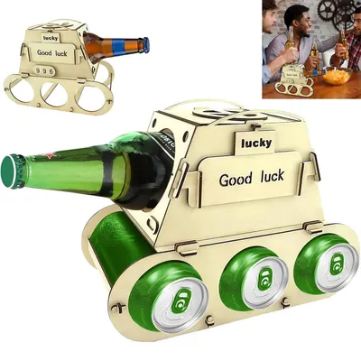 Produktbild von Holz Bierträger Tank Design 4 Flaschen 26,5×19,5×14,5cm mit Flaschenöffner DIY Geschenk Männer Party Grill