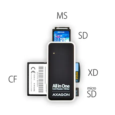 Produktbild von Axagon CRE-X1 externer 5-Slot Kartenleser, CF, CF Typ II, MMC, MMC Mobile, MMCmicro, MS Duo, MS PRO, Speicherstick (MS), MicroDrive, MicroSD..., Schwarz, Weiß, 480 Mbit/s, Kunststoff, CE, RoHS, USB 2.0
