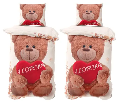 Produktbild von Winter Bettwäsche 135x200 cm Bettbezug Set Thermofleece Teddy Bär Love Herz 4 teilig