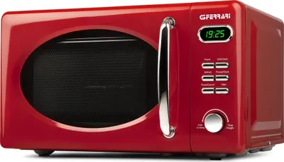 A red G3Ferrari microwave oven shown from a front-diagonal angle on a white background.