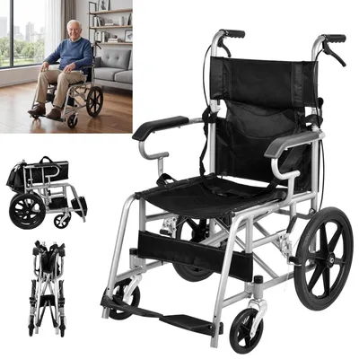 Produktbild von Ultraleichter klappbarer Rollstuhl - Transportrollstuhl - Mit Handbremse - Sitzbreite 45,5 cm - Belastbar bis 100 kg - Für Senioren und Behinderte