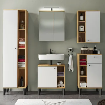 Produktbild von Badmöbel-Set 5-teilig mit Waschbeckenunterschrank 60 cm, LED-Spiegelschrank, in Eiche mit weiß OLEAN-61