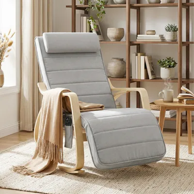 Produktbild von Schaukelstuhl mit Massage & Heizung, Relaxsessel Samtbezug, Kopfstütze, Fußstütze, Säulenventilator, Hellgrau | 106 x 67 x 92 cm | 10 kg