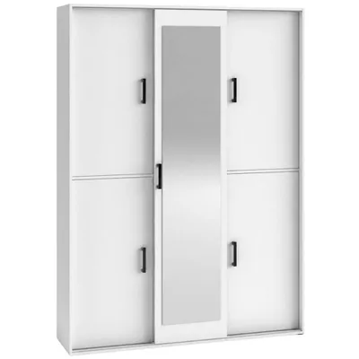 Produktbild von BEAUTYSOFA | Kleiderschrank LANO 150 cm Weiß Schrank mit Spiegel – Schwebetüren, Kompaktgarderobe, Garderobenschrank mit Regalen und Kleiderstange