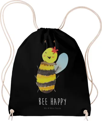 Produktbild von Mr. & Mrs. Panda Baumwollbeutel Biene Happy - Schwarz - Geschenk, Sportbeutel, wander rucksack, Baumwolltasche, Beutel, Turnbeutel, Jutebeutel
