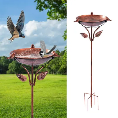 Zdjęcie produktu dla Kąpieliska dla ptaków, metalowe, stojące, w stylu vintage, 35 cali, odporne na mróz, z dekoracjami przedstawiającymi ptaki