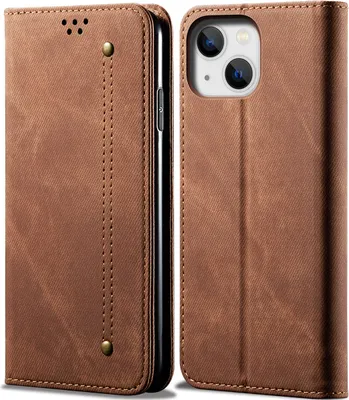 A brown leather flip case for an iPhone 15 is shown open and closed.