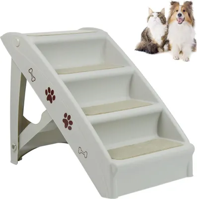 Produktbild von JOIEYOU Faltbare Haustiertreppe für Hunde 4 Stufen Katzentreppe mit rutschfeste Filz Matte Hundetreppe Kunststoff Tragbare Haustiere Treppen für Bett Sofa Auto Hunderampe für 75KG Hunde/Katze (Grau)