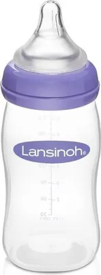 A clear studio shot of a baby bottle.