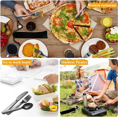 Produktbild von Schwarzes Campingbesteck 2er Set inkl. Messer Gabel Löffel Titan Schwarz Beschichtung