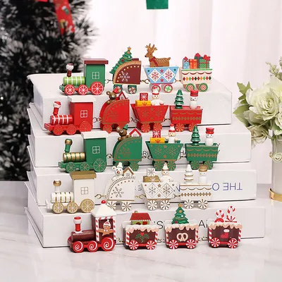 Produktbild von 5 Stück Mini Zug Nachbildung Holz Weihnachtszug mit Schneemann Kinder Geschenk DIY Spielzeug Home Tabletop Nachbildungation