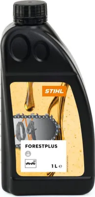 A bottle of Stihl Forestplus chain oil.