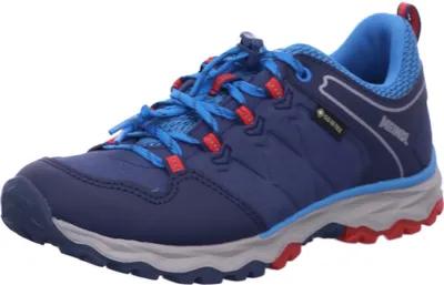 A single blue and red hiking shoe against a white background.