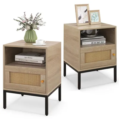 Produktbild von COSTWAY 2er Set Nachttische Polyrattan, Nachtschränke mit offenem Regal & Schrank, Beistelltisch Sofatisch Nachtkonsole im Boho-Sti, 40x40x57cm Natur