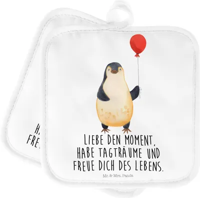 Produktbild von Mr. & Mrs. Panda Topflappen Pinguin Luftballon - Weiß - Geschenk, Liebe, Geschenkidee, topfhalter, Topfuntersetzer, Neustart, Glück, Kochlappen, Ofenlappen, Set