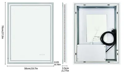 Zdjęcie produktu dla Lustro łazienkowe LED – prostokątne lustro ścienne 50 x 70 cm – podświetlane – z powłoką przeciwmgielną – z regulacją jasności – z bezramowym, odpornym na pęknięcia szkłem bezpiecznym