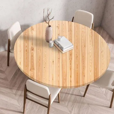 Produktbild von Tischdecke mit elastischer Kante, runder Form, gefaltet 3D gedruckt, abwaschbarer Tischdecke für Innen und Außen, abwaschbar, für Küche, Esszimmer, Picknicktische, 90 cm, hell Holz.