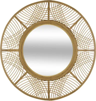 A round mirror with a woven bamboo frame.