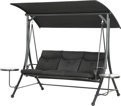 Immagine prodotto di Altalena Hollywood con tavolini, altalena da giardino a 3 posti con tettuccio parasole regolabile, panca altalena con carico fino a 300 kg, per giardino, terrazza, 271 x 125 x 177 cm, nero Aosom