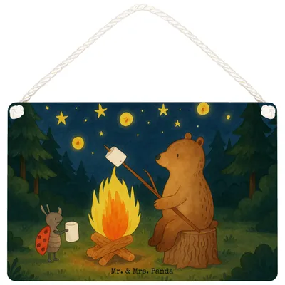 Produktbild von Mr. & Mrs. Panda Wandbild Holz Bär & Marienkäfer Lagerfeuer Design DIN A5 - Weiß - Geschenk, Deko, holzbild, Türschild, kleine aufmerksamkeit, Schild, Teddy
