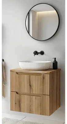Produktbild von Badmöbel-Set 2-teilig mit LED-Spiegel & 60 cm Waschtisch in Eiche, gerillte Front, Baumkantenoptik - NEWPORT-56-EVOKE