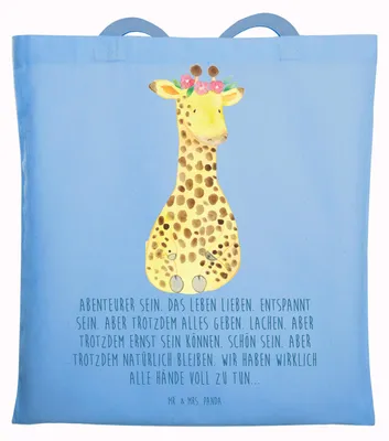 Produktbild von Mr. & Mrs. Panda Tote Bag Giraffe Blumenkranz - Sky Blue - Geschenk, Selbstliebe, Einkaufstasche, Baumwolltasche, Afrika, Tasche, Shopping, Abenteurer, festival, Freundin