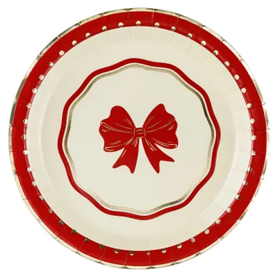 Runder Pappteller in Beige mit rotem Schleifenmotiv, roten Zierlinien und goldfarbenen Details als festliches Einweggeschirr für Weihnachten.