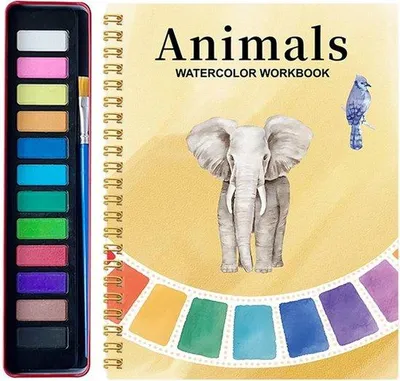 Image de Carnet d'aquarelle - Carnet d'aquarelle pour débutants - Kits de peinture simples pour enfants - Loisirs créatifs - Pour une découverte artistique - Boîte de peintures aquarelles - Avec 12 couleurs - Kits d'art et de loisirs créatifs - Cadeau pour femmes - Éléphant