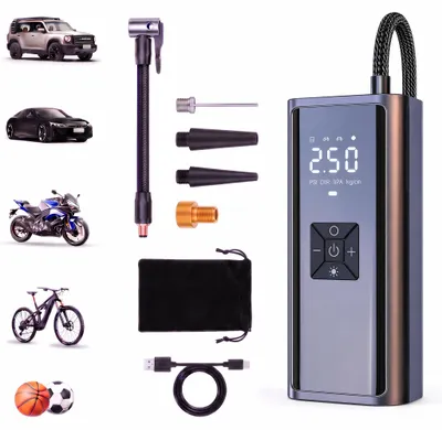 Produktbild von Mepham ElektrischeLuftpumpe, Tragbarer Akku Kompressor & Fahrradpumpe Elektrisch (150 PSI) mit LED-Licht, Auto-Stopp für Auto, E-Bike, Motorrad & Bälle