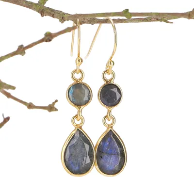 Produktbild von Vergoldete Boho Ohrringe aus Sterlingsilber, Edle Ohrringe - Labradorit, Grün, 2,5*1,3*0,6 cm, Silberohrringe